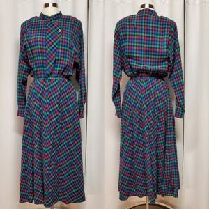 Vintage 80s Retro Carol Anderson Plaid Multicolor Rainbow Maxi Dress Woman's 12